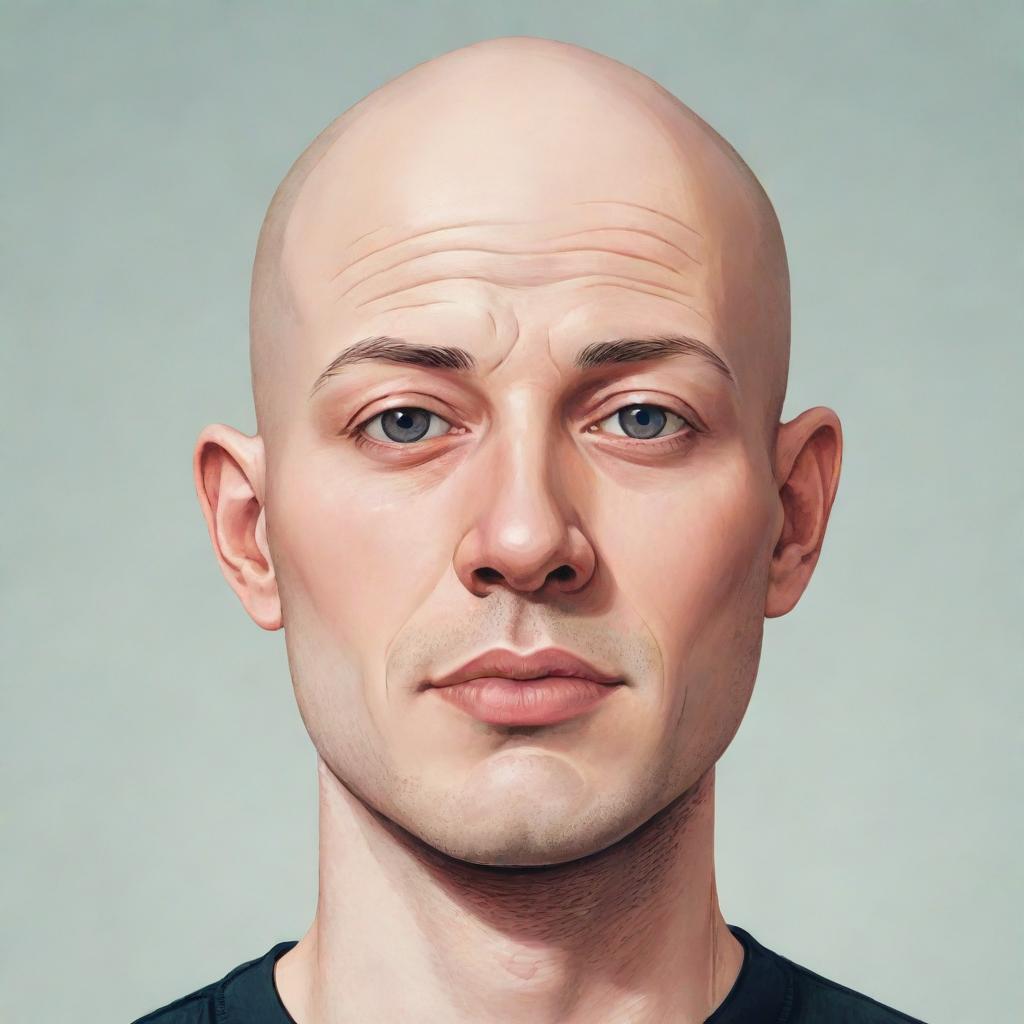 An illustration of a bald, young man with unique and untraditional features.