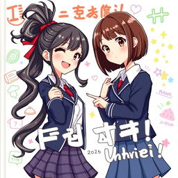 Book cover for 'I Will Not Fall for Your Trick, Unnie!' Hae-jin, a cheerful girl with long, wavy black hair in a high ponytail with a red ribbon, wearing the Seorim High School uniform—a navy blazer, plaid skirt, and white blouse