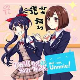 Book cover for 'I Will Not Fall for Your Trick, Unnie!' Hae-jin, a cheerful girl with long, wavy black hair in a high ponytail with a red ribbon, wearing the Seorim High School uniform—a navy blazer, plaid skirt, and white blouse