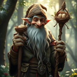 A whimsical old mage with avian features, characterized by a bird-like appearance and a charismatic smile