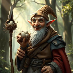 A whimsical old mage with avian features, characterized by a bird-like appearance and a charismatic smile