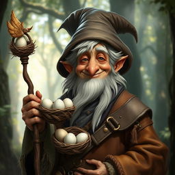 A whimsical old mage with avian features, characterized by a bird-like appearance and a charismatic smile