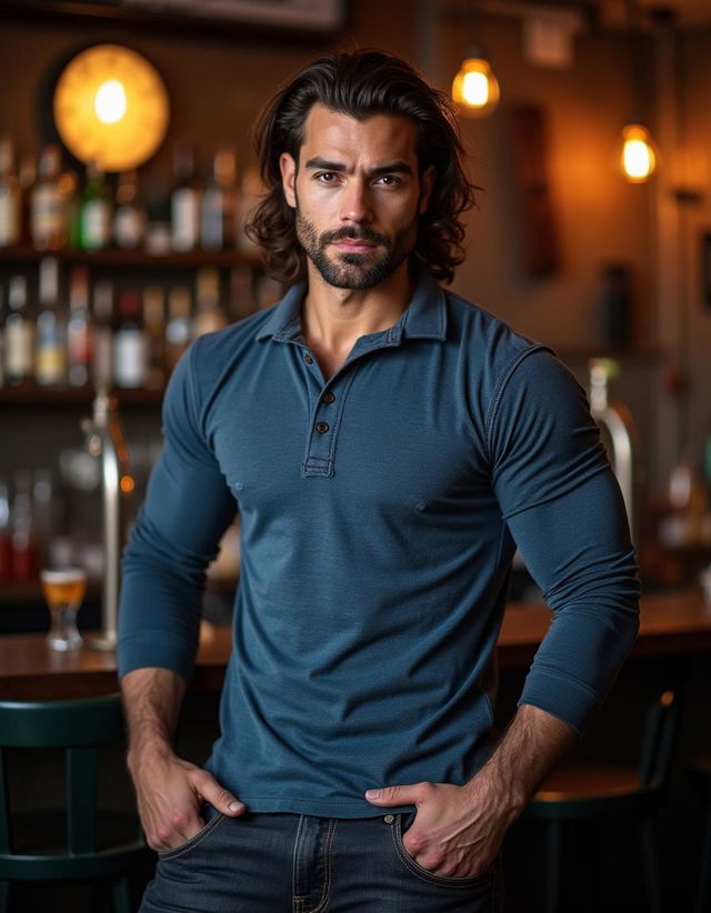 A ruggedly handsome Caucasian man, 40 years old, with a tall, muscular, and fit build, stands inside a dive bar