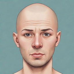 An illustration of a bald, young man with unique and untraditional features.