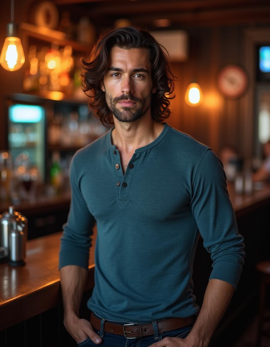 A ruggedly handsome Caucasian man, 40 years old, with a tall, muscular, and fit build, stands inside a dive bar