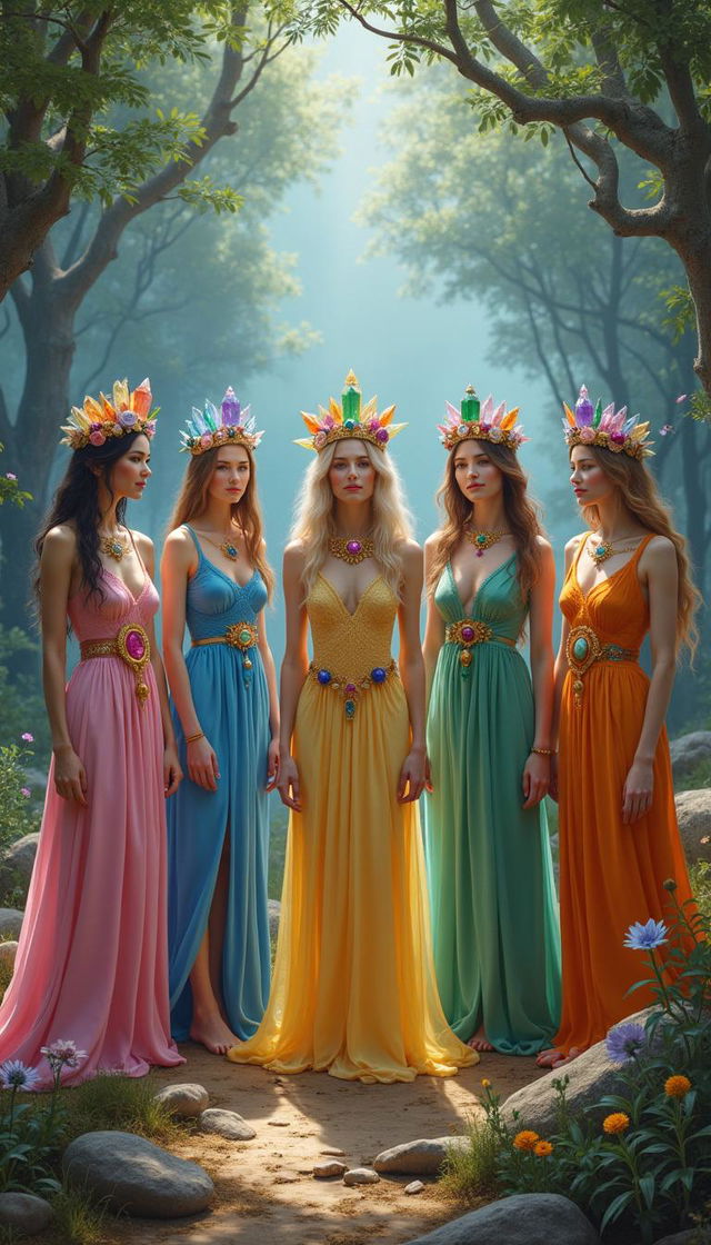 Five goddesses standing in a mystical clearing, each embodying elements of the tarot