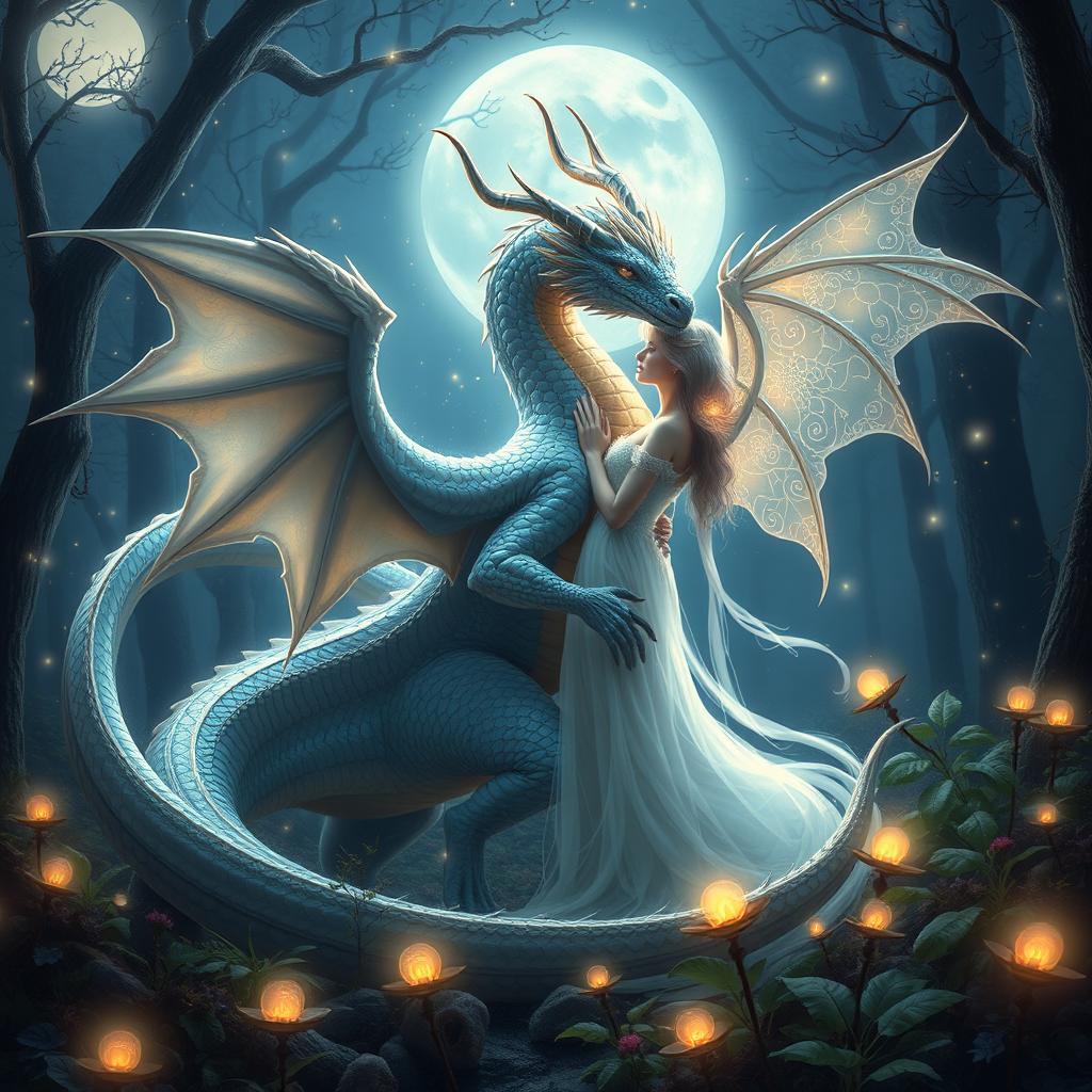 A mystical scene depicting an elegant dragon and a majestic jinn in an enchanted forest