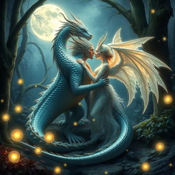 A mystical scene depicting an elegant dragon and a majestic jinn in an enchanted forest