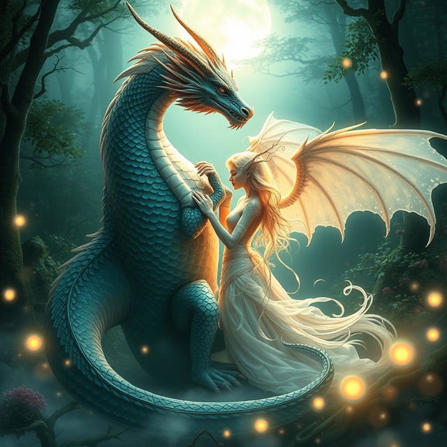 A mystical scene depicting an elegant dragon and a majestic jinn in an enchanted forest