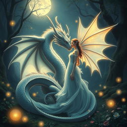 A mystical scene depicting an elegant dragon and a majestic jinn in an enchanted forest