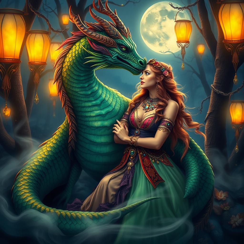 A vibrant fantasy scene featuring a mystical dragon and a captivating gypsy in a moonlit forest