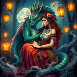 A vibrant fantasy scene featuring a mystical dragon and a captivating gypsy in a moonlit forest