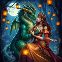 A vibrant fantasy scene featuring a mystical dragon and a captivating gypsy in a moonlit forest