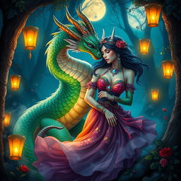 A vibrant fantasy scene featuring a mystical dragon and a captivating gypsy in a moonlit forest