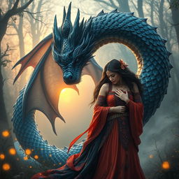 A captivating fantasy scene featuring a mystical dragon and a romantic gypsy couple in a magical forest