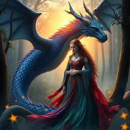 A captivating fantasy scene featuring a mystical dragon and a romantic gypsy couple in a magical forest