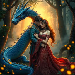 A captivating fantasy scene featuring a mystical dragon and a romantic gypsy couple in a magical forest