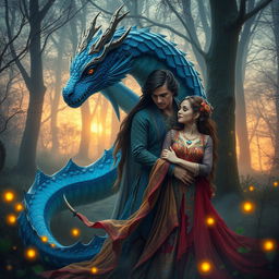 A captivating fantasy scene featuring a mystical dragon and a romantic gypsy couple in a magical forest