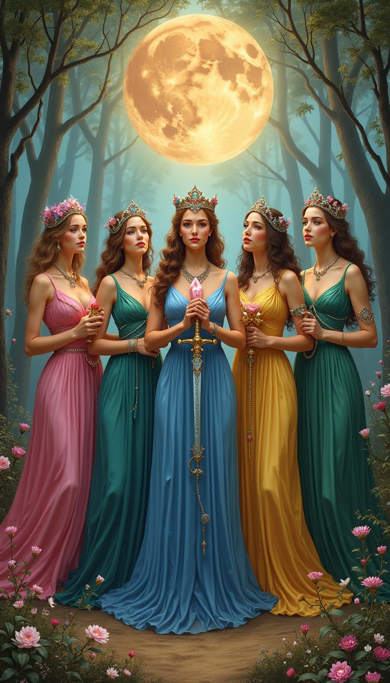 Five goddesses standing in a mystical clearing, each embodying elements of the tarot with distinct accessories