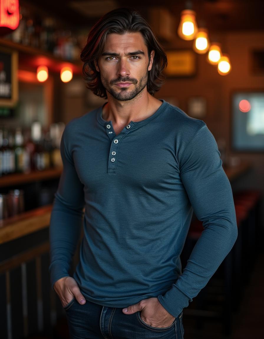 A handsome Caucasian man, 40 years old, with a tall, muscular, and fit build, stands inside a dive bar