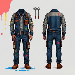 Design a mechanic's paint shop themed outfit featuring elements like paint splatters, a patchwork of color swatches, and tool-inspired accessories