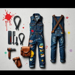 Design a mechanic's paint shop themed outfit featuring elements like paint splatters, a patchwork of color swatches, and tool-inspired accessories