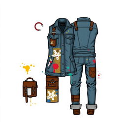 Design a mechanic's paint shop themed outfit featuring elements like paint splatters, a patchwork of color swatches, and tool-inspired accessories