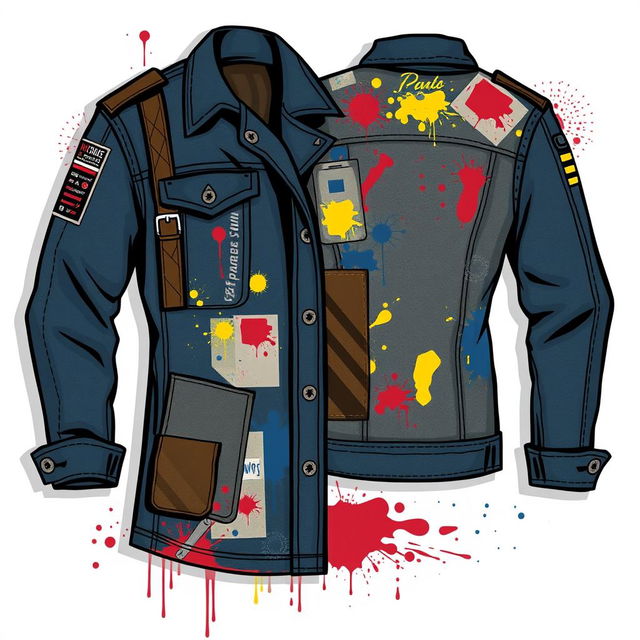 Design a mechanic's paint shop themed outfit featuring elements like paint splatters, a patchwork of color swatches, and tool-inspired accessories