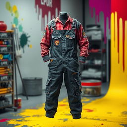 Design an outfit that embodies the essence of an automotive paint workshop