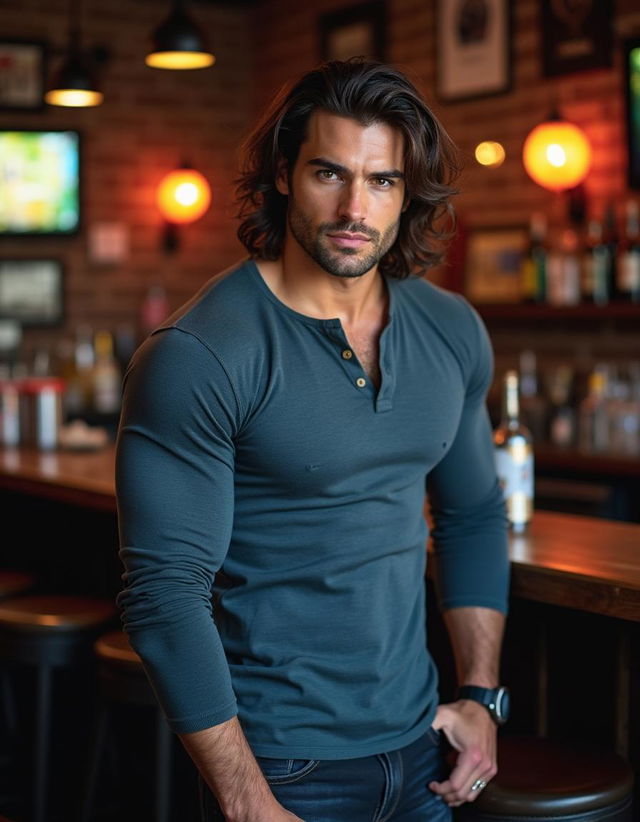 A handsome Caucasian man, 40 years old, with a tall, muscular, and fit physique, poses inside a dive bar