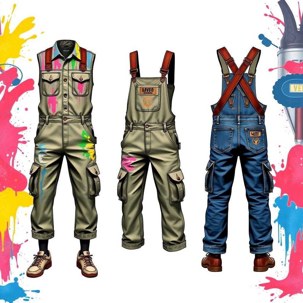 Design an outfit inspired by an auto paint workshop, featuring elements like colorful paint splashes and airbrush patterns