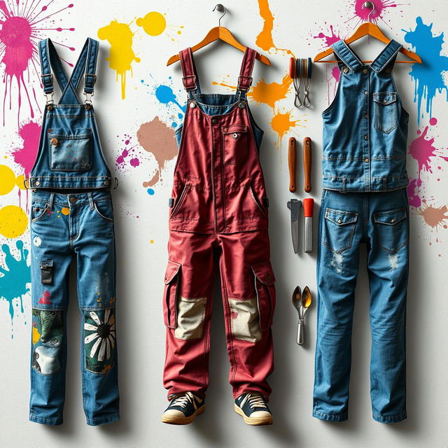 Design an outfit inspired by an auto paint workshop, featuring elements like colorful paint splashes and airbrush patterns