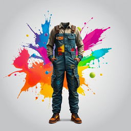 Design an outfit inspired by an auto paint workshop, featuring elements like colorful paint splashes and airbrush patterns