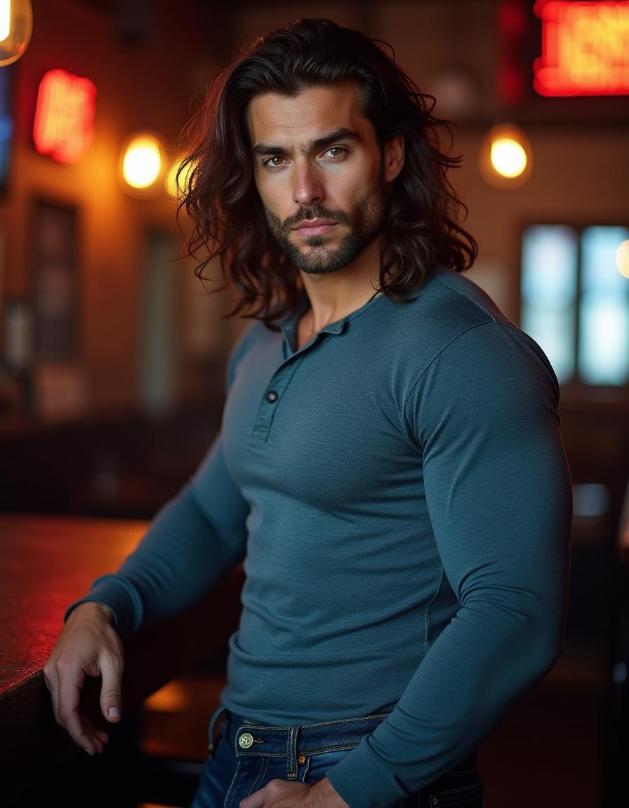 A model-handsome Caucasian man, 40 years old, with a tall, very muscular, and fit build, stands inside a dive bar