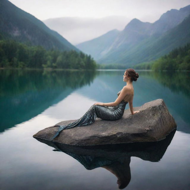 A mystical person with a shimmering fish tail elegantly lounging on a rock in the middle of a serene lake