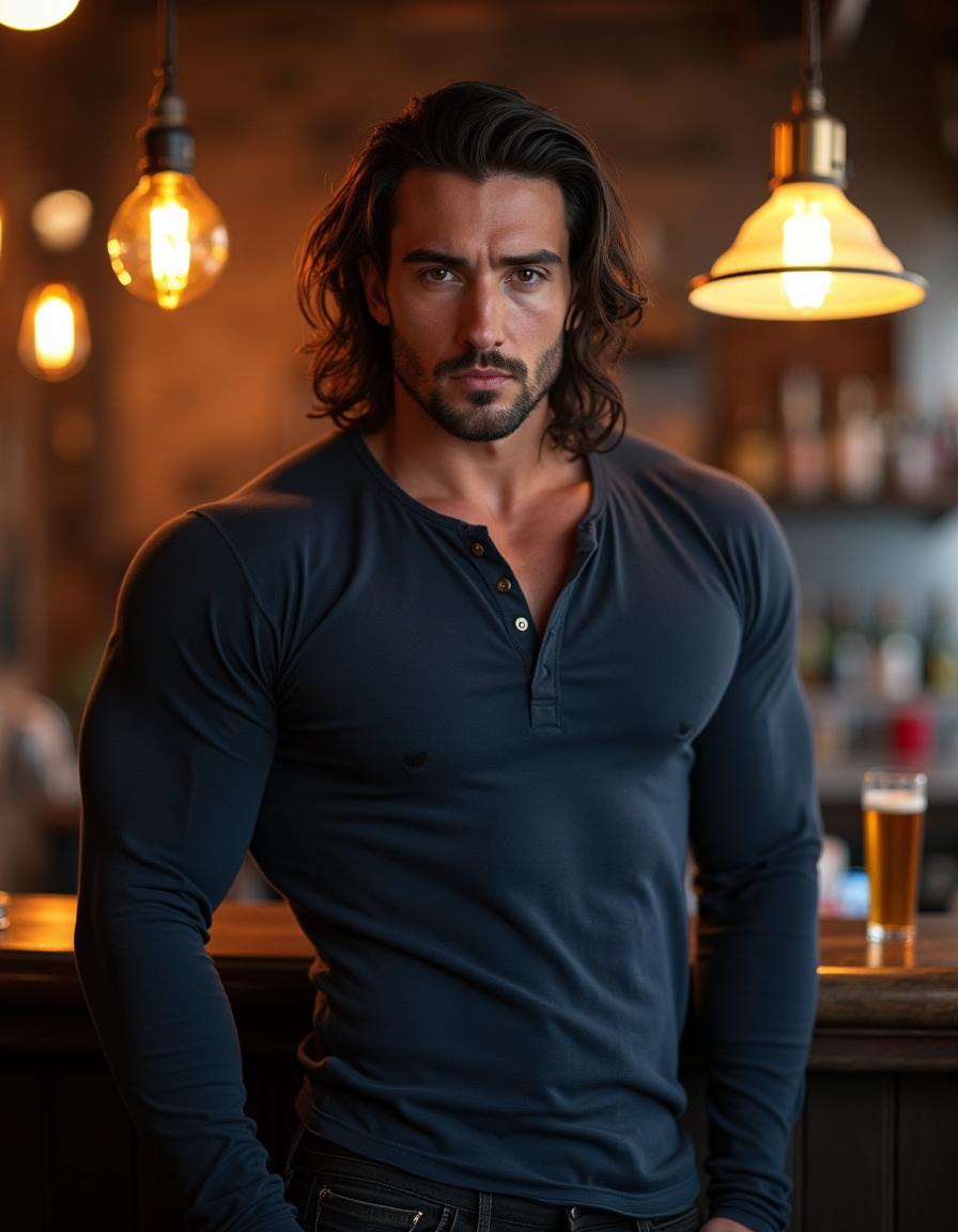 A model-handsome, rugged Caucasian man, 40 years old, with a tall and very muscular build, stands inside a dive bar