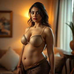 A voluptuous human model, exuding a captivating allure, is depicted in a home setting