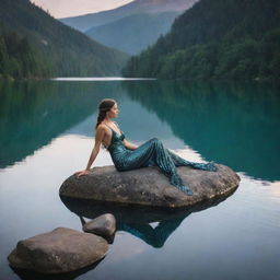 A mystical person with a shimmering fish tail elegantly lounging on a rock in the middle of a serene lake