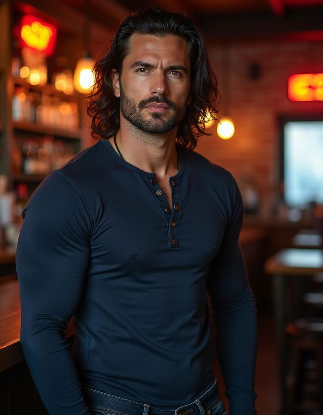 A model-handsome, rugged Caucasian man, 40 years old, exuding masculinity, stands inside a dive bar