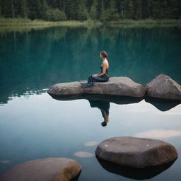 A mystical person with a shimmering fish tail elegantly lounging on a rock in the middle of a serene lake