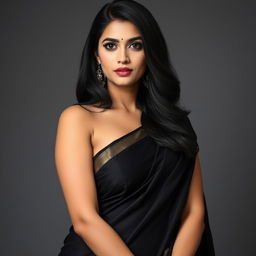 A stunning Indian woman with an elegant and captivating presence, showcasing her beauty in a traditional black saree