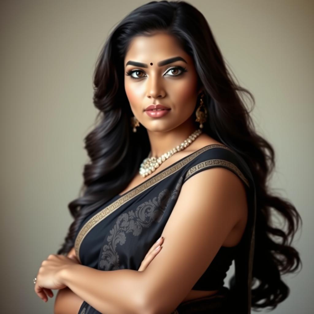 A stunning Indian woman with an elegant and captivating presence, showcasing her beauty in a traditional black saree