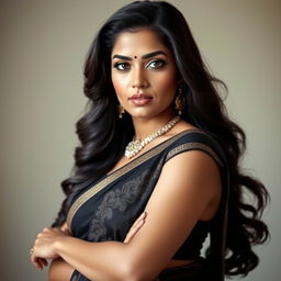 A stunning Indian woman with an elegant and captivating presence, showcasing her beauty in a traditional black saree