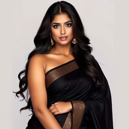 A stunning Indian woman with an elegant and captivating presence, showcasing her beauty in a traditional black saree