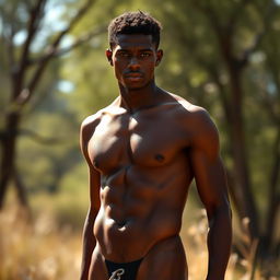 a nude brown-skinned male standing in a natural setting, with an emphasis on the graceful forms of the human body, skin tone reflecting sunlight, exuding an aura of confidence and dignity in a serene environment