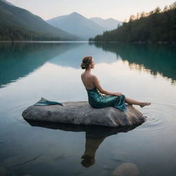 A mystical person with a shimmering fish tail elegantly lounging on a rock in the middle of a serene lake