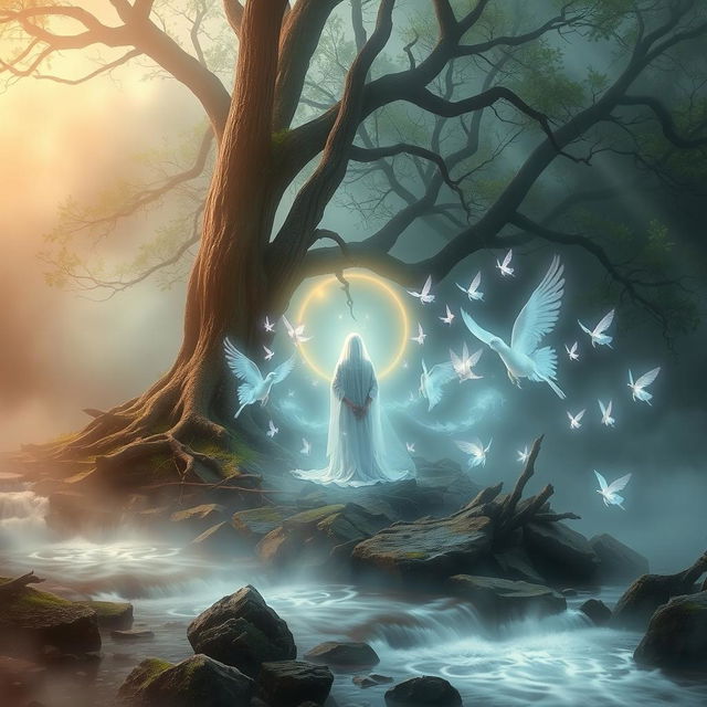 A surreal scene depicting a spiritual connection between the living and the afterlife, symbolized by mystical whispers from the afterlife