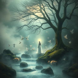 A surreal scene depicting a spiritual connection between the living and the afterlife, symbolized by mystical whispers from the afterlife