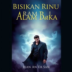 A captivating book cover for the novel "Bisikan Rindu Dari Alam Baka" featuring a handsome, mysterious young man as the central figure