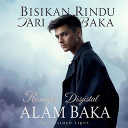 A captivating book cover for the novel "Bisikan Rindu Dari Alam Baka" featuring a handsome, mysterious young man as the central figure